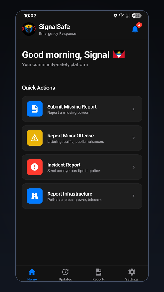 SignalSafe home screen
