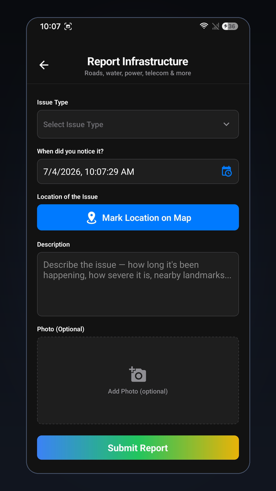 Infrastructure reporting form