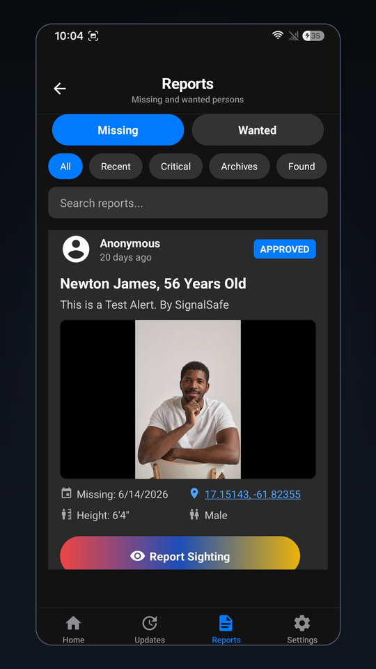 Missing person reports feed
